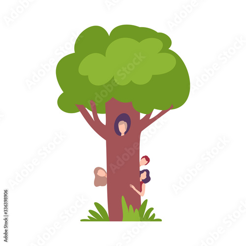 People Hiding Behind Green Tree, Man Peeking out of Hollow Vector Illustration