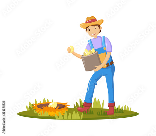 Farmers and agricultural work characters. Male farmer holding basket with eggs in hand, working in garden, gathering harvest. Agricultural gardener, agronomist. Vector illustration.
