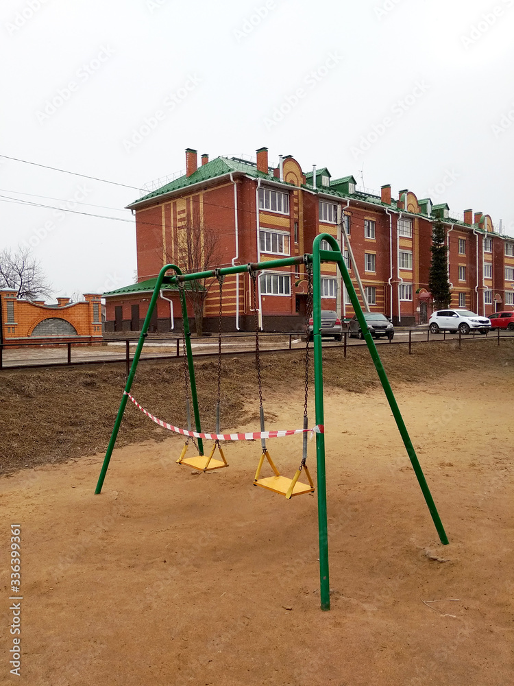 Closed children's playground in Europa. COVID-19 security and protection in the city. Quarantine. Closed children's playground in Europa. COVID-19 security and protection in the city. Quarantine.