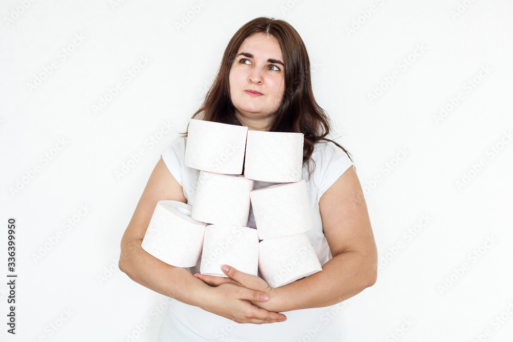 woman, girl, man holding toilet paper rolls, house, supplies in case of quarantine, sitting at home, provision and hygiene, toiletries, cleanliness, comfort, clean hands, plumbing woman, girl, man holding toilet paper rolls, house, supplies in case of quarantine, sitting at home, provision and hygiene, toiletries, cleanliness, comfort, clean hands, plumbing
