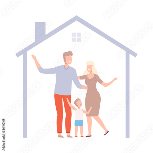 Mother, Father and Their Son at Home, House Frame with Happy Family Inside Vector Illustration
