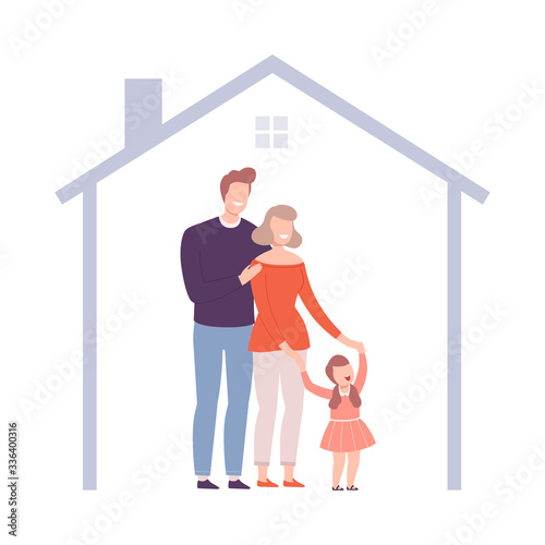 Smiling Mother, Father and Their Daughter at Home, House Frame with Happy Family Inside Vector Illustration