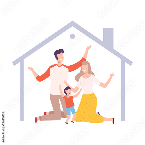 Smiling Mother, Father and Their Son at Home, House Frame with Happy Family Inside Vector Illustration