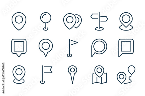 Map Pointer and Location Pin line icons. Place and Landmark vector linear icon set.