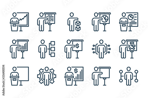 Presenter and Business Presentation related line icon set. Conference and Training Courses vector icons.