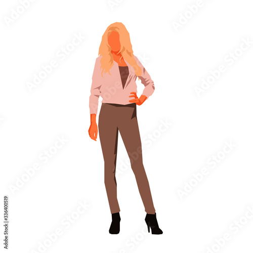 Young blonde woman standing in leggins and jacket, flat design geometric isolated vector illustration