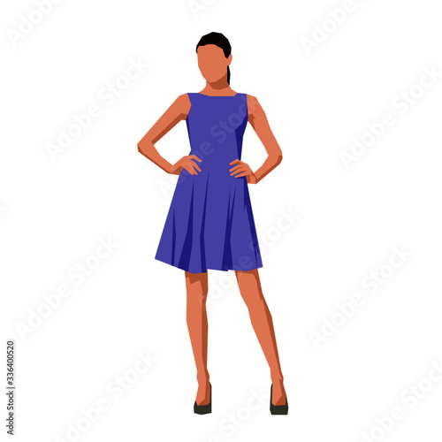 Woman standing in purple summer dress, flat design geometric isolatated vector illustration. Young woman with hands on hips