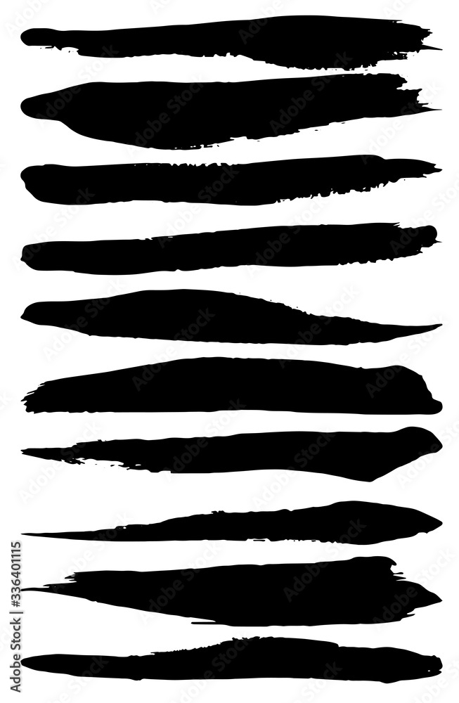 Set of black ink horizontal hand drawn brushes. Abstract isolated grunge lines, or stripes. Vector illustration.	
