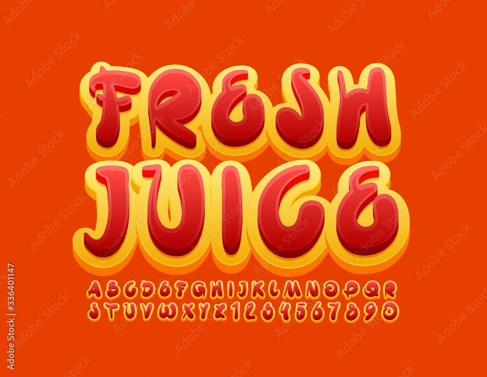 Naklejka premium Vector bright sign Fresh Juice with Red and Yellow Alphabet Letters and Numbers. Artistic creative Font