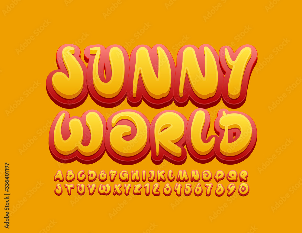 Vector creative sign Sunny World with Artistic Font. Red and Yellow Alphabet Letters and Numbers
