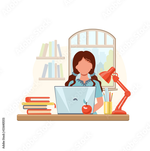 Cartoon girl studying at home with computer and books on window background. School girl writing for homework. Online education concept. Vector illustration drawing in flat style.