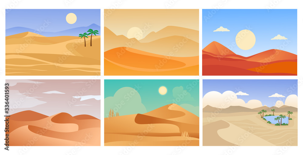 desert landscape. cartoon tropical exotic backgrounds with sand horizon and hot shining sun. vector summer pictures