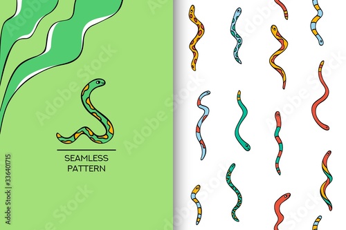 Vector seamless pattern with funny snakes for children design. Ideal for cards, posters, invitations. Isolated