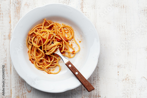 Photography Spaghetti Bolognese on white wooden background
