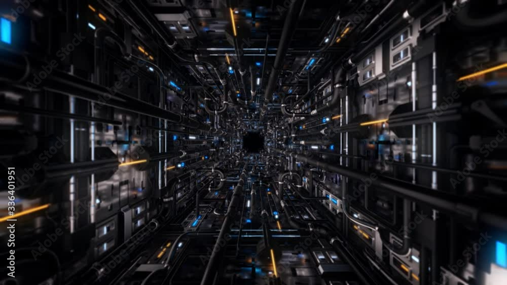 Moving through tunnel with pipes. Animation. Dive into dark futuristic tunnel with lots of pipes and neon details. 3D tunnel details with black pipes