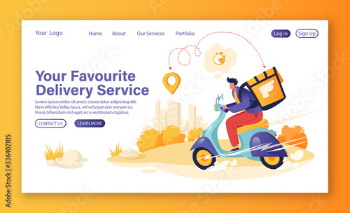 Concept of landing page on delivery service theme. Courier character shipping parcels by scooter. Fast delivery of food, letters, household and personal items. Vector flat cartoon young man.