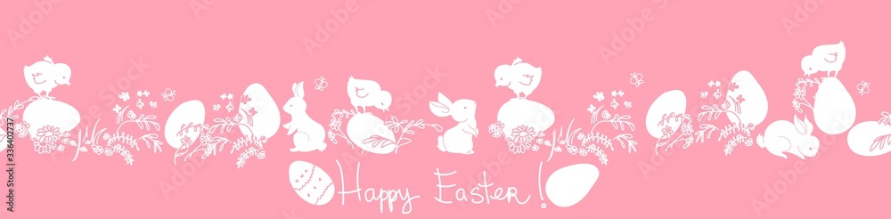 Easter eggs, bunnies, flowers. Horizontal seamless pattern. Cute background, great for Easter Cards, banner, textiles, wallpapers. Vector design