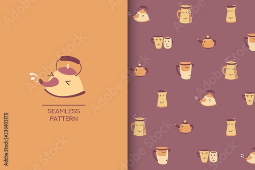 Vector seamless pattern with tea and coffee set for cafe and restaurants. Ideal design for cards, posters, invitations. Isolated