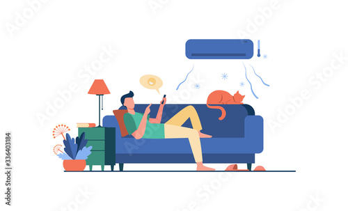 Young man relaxing at couch under air conditioner flat vector illustration. Cartoon guy in cold room chatting via smartphone. Digital technology and summer home concept photo