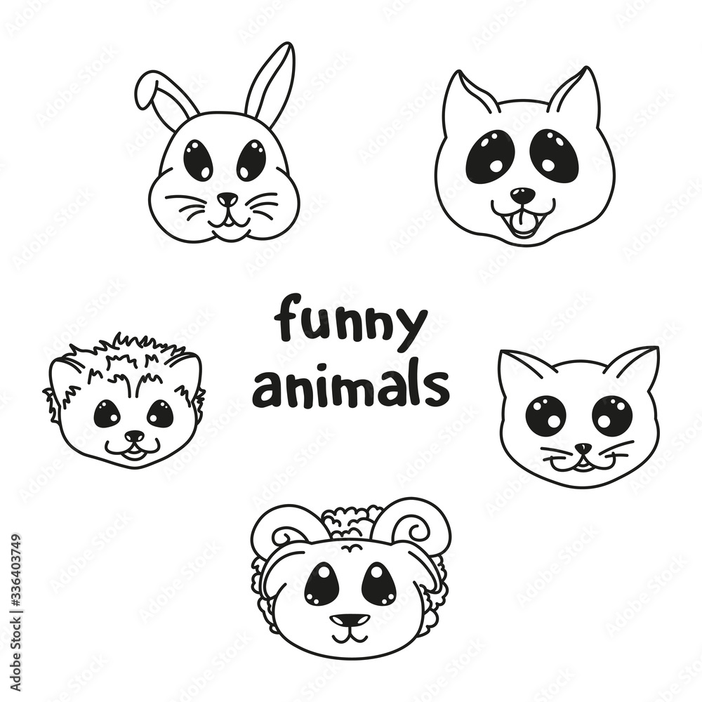set of kawaii doodle animals, cute domestic cartoon drawing pets, ram, dog,  cat, bunny, hedgehog, editable vector illustration for kids decoration,  coloring book, stickers Stock Vector | Adobe Stock