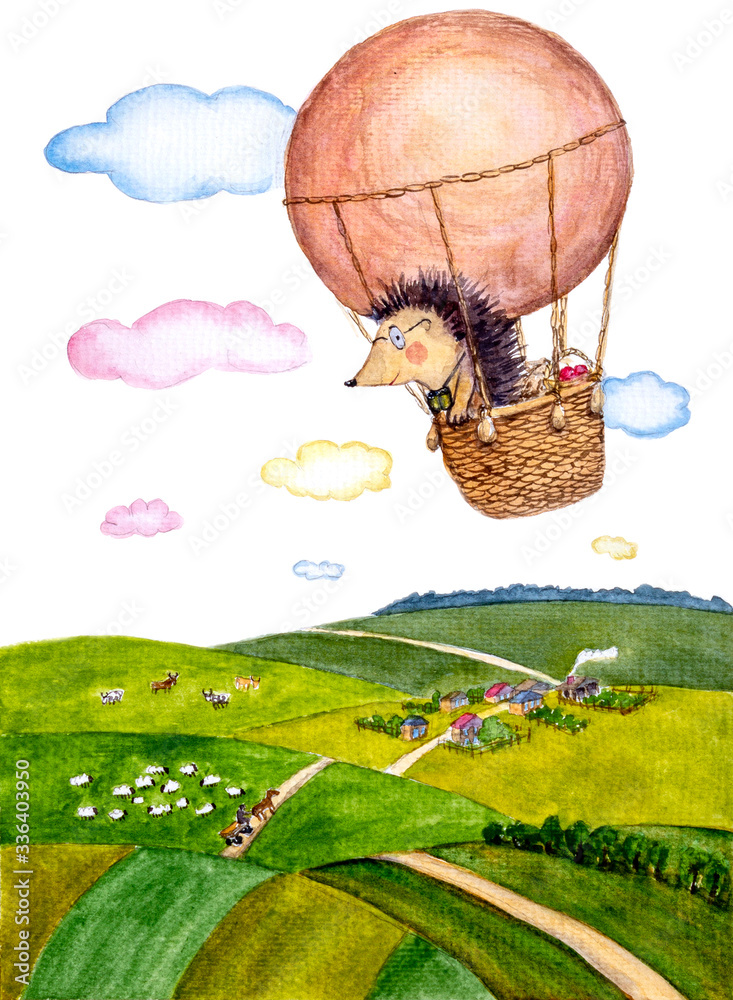 Watercolor drawing hedgehog in a balloon moving under the green field with village