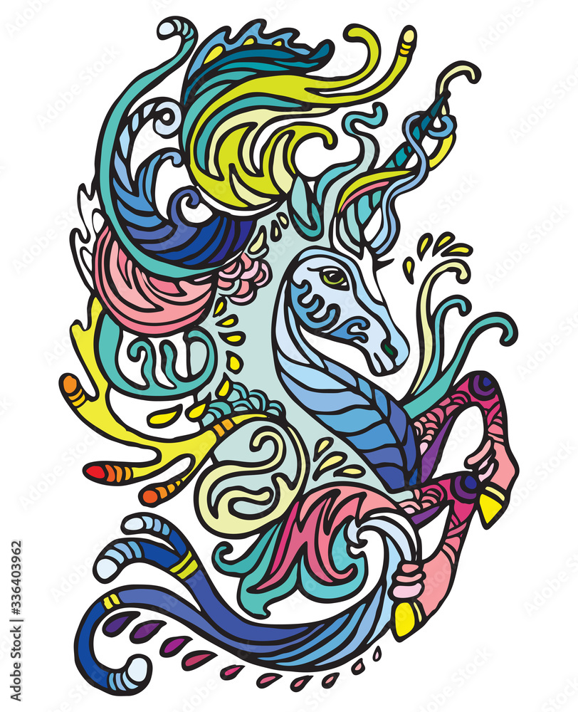 Vector doodle water unicorn