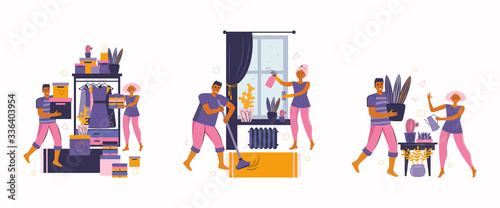 Young couple spend time at home together. Quarantine. Family cleans and disinfects the room. Home leisure. People take care of home plants, clean the closet, wash the window and carpet. Vector flat.