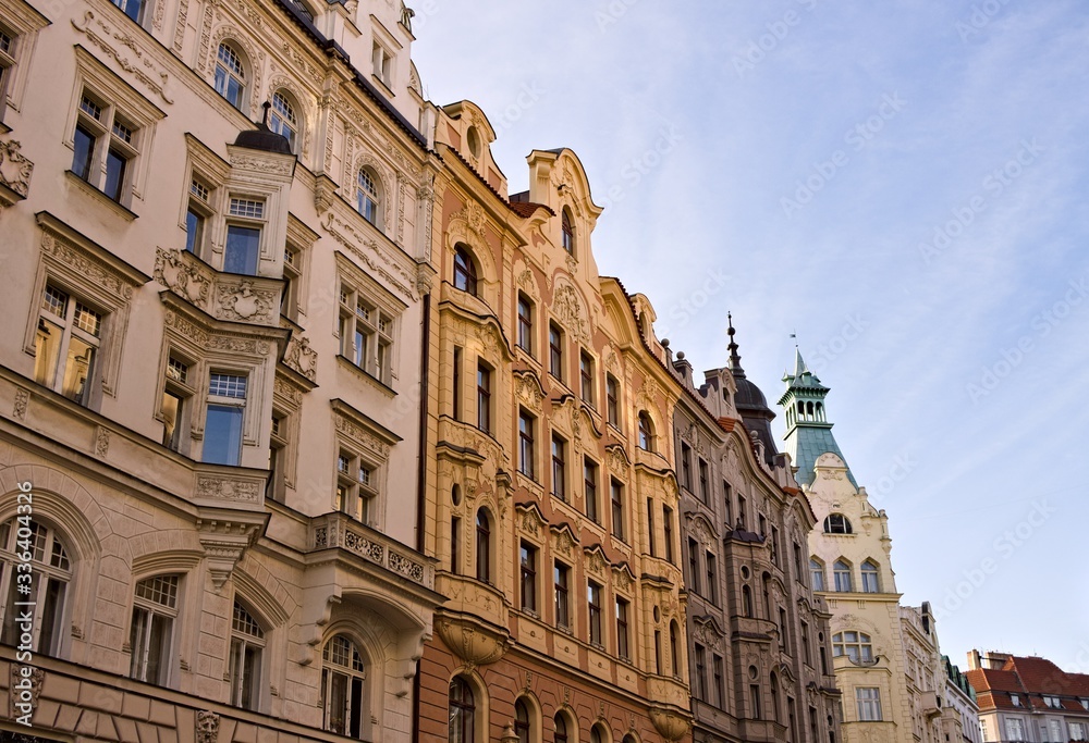 Baroque and bohemian buildings with decorated facades in Prague (Czech Republic, Europe)
