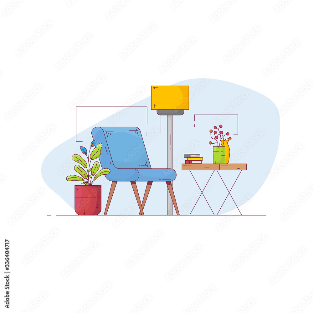 Fototapeta premium Minimalist room furniture. Lounge zone with armchair, table and plant. Room interior with furniture. Home decoration picture. Modern line style home vector.