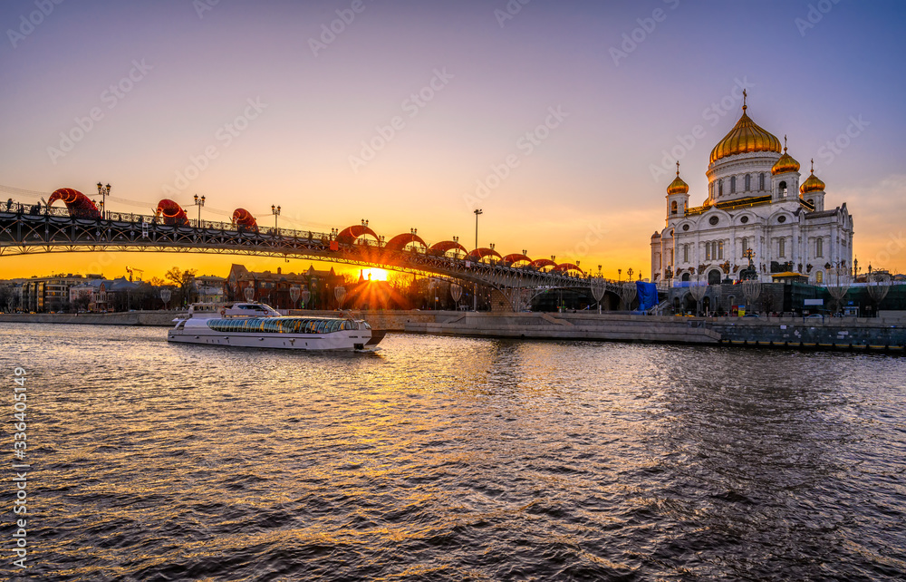 Cathedral of Christ the Savior and Moscow river in Moscow, Russia. Architecture and landmark of Moscow. Sunset cityscape of Moscow