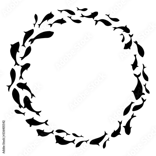 Round logo design template with fish silhouettes. Vector illustration.