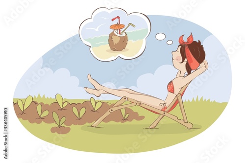 Dreams of a vacation at sea. The girl sunbathes on a deck chair in the garden, vector illustration.