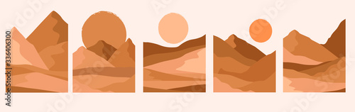 Set of abstract landscape. Desert wild nature landscapes silhouette template. Editable vector illustration. 
