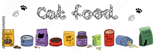 фотографія Set of cat food. Color seamless background with the text