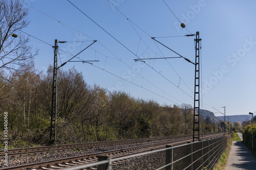 Oberleitung vor blauem Himmel, zweispurig photo