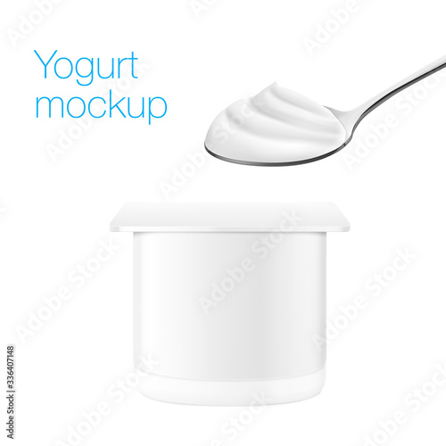 Metal spoon with creamy foam and yogurt packaging mockup. Vector illustration isolated on white background. Ready for use in your design. EPS10.	