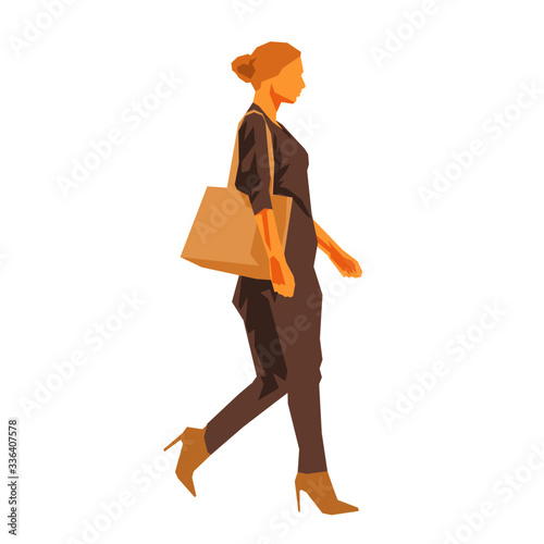 Woman walking with handbag, side view flat design geometric vector illustration