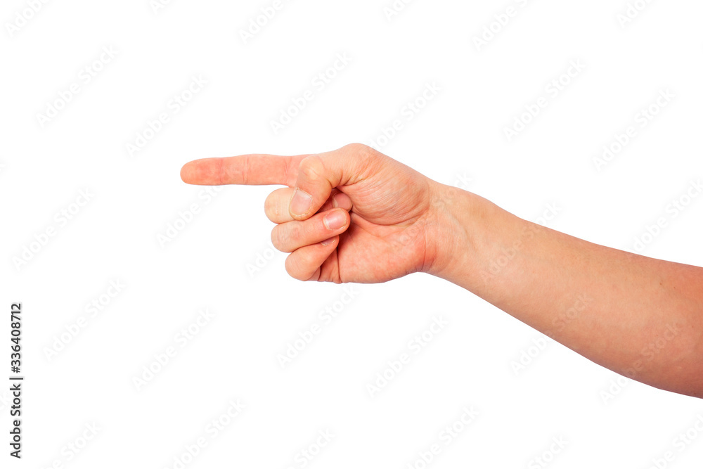 Hand shows the index finger sign on a white background Hand shows the index finger sign on a white background