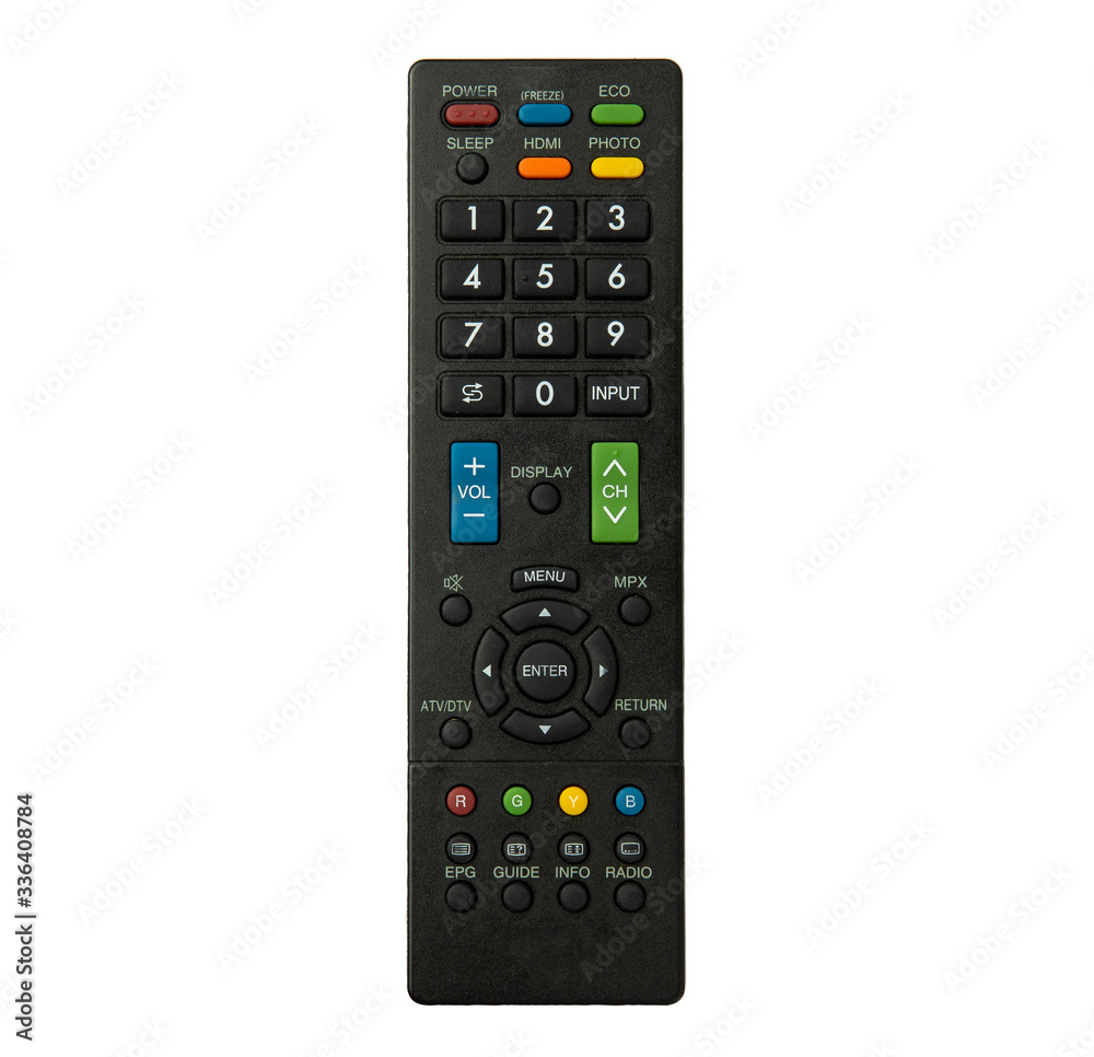 The remote control of the Television (TV) isolate on a white background. Top view and clipping path. The remote control of the Television (TV) isolate on a white background. Top view and clipping path.