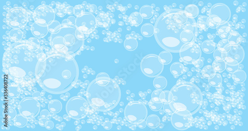 Random soap bubbles abstract background. Blowing bubbles on blue background. Bold soapy foam overlay template. Great vector illustration.