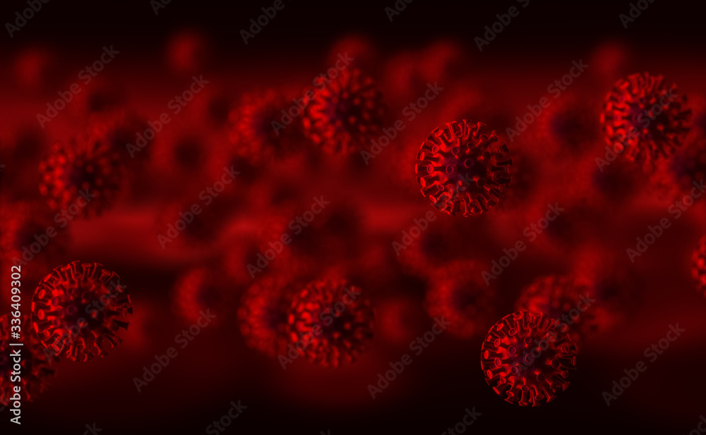 Coronavirus In Dark Red Background - Covid-19 Virology Concept - 3d Rendering