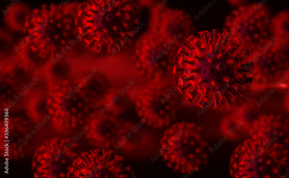 Fototapeta Coronavirus In Dark Red Background - Covid-19 Virology Concept - 3d Rendering