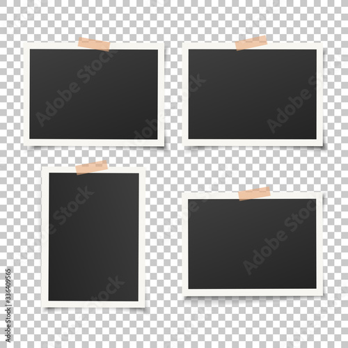 Set of empty photo frames with adhesive tape. Vector vintage picture with adhesive tapes. Photo realistic vector EPS10 mockups. Retro photo frame templates. 4 photos on wall.