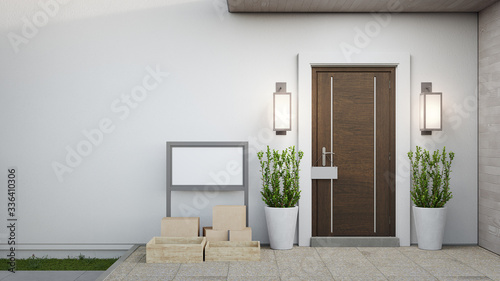 Fototapeta Naklejka Na Ścianę i Meble -  New house with wooden door and empty white wall. 3d rendering of blank sign on patio in modern home.