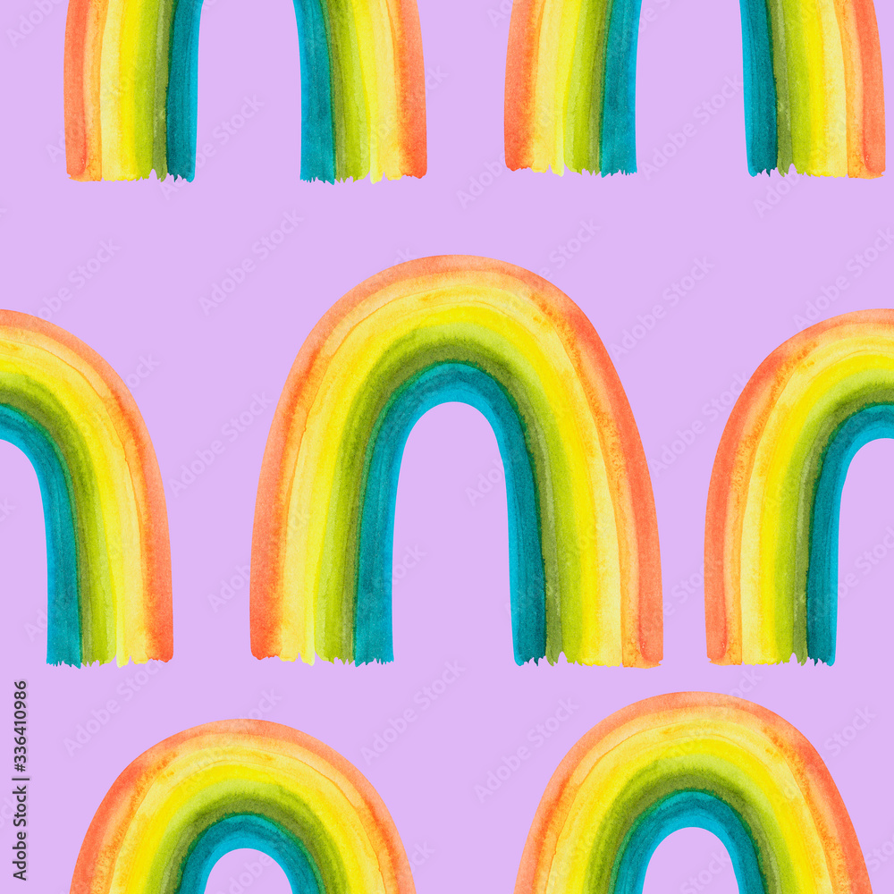 Fototapeta premium Watercolor pattern with rainbow on isolated white background, watercolor hand drawing