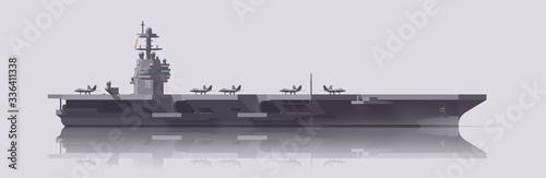 Vector aircraft carrier warship with fighters. Isolated illustration