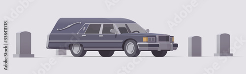 Vector vintage funeral hearse car in cemetery. Isolated illustration