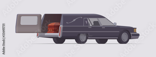 Vector vintage funeral hearse car with coffin inside. Isolated illustration