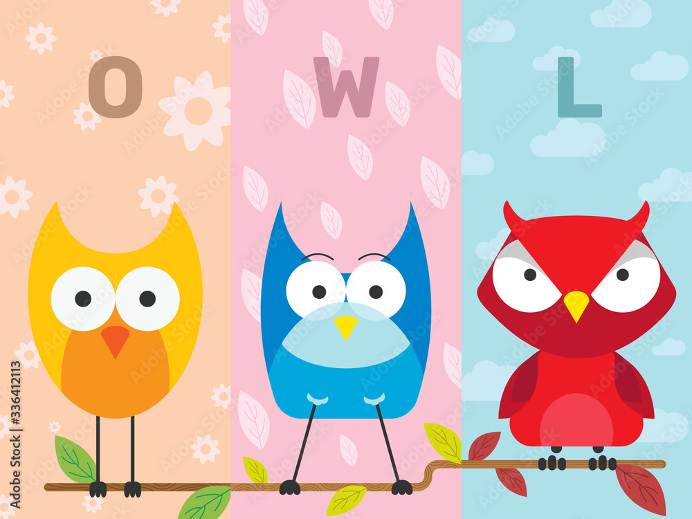 Fototapeta premium Three Owls Perching on Branch