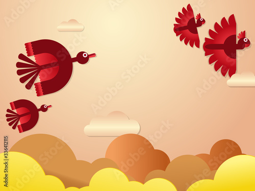 Bird Migration Illustration in Paper Cut or Origami Style